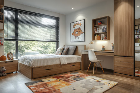 Cozy children's room with a bed, a desk, shelves and a window with blinds, featuring a colorful carpetの素材