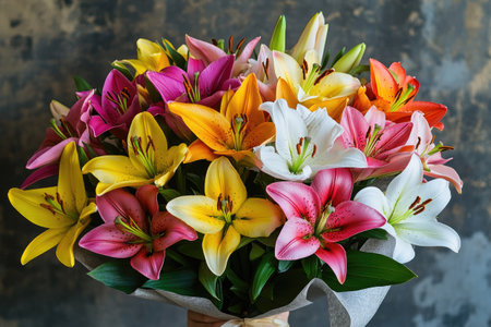 Vibrant bouquet of lilies in various colors, creating a stunning floral arrangement, wrapped in elegant paperの素材