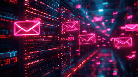 Neon pink email icons flying through dark server room, representing email marketing campaignの素材