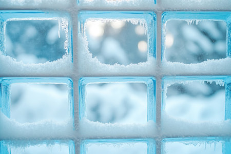 Sunlight is shining through glass blocks covered with frost in a winter wonderlandの素材
