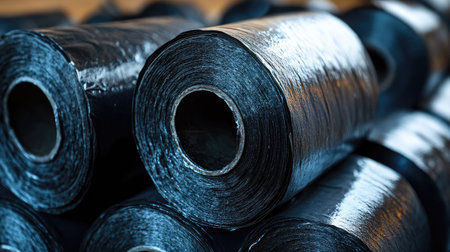Rolls of bituminous waterproofing membrane lying on top of each other in warehouseの素材
