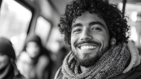 Portrait of a cheerful young man wearing a scarf and smiling while commuting by bus in winterの素材