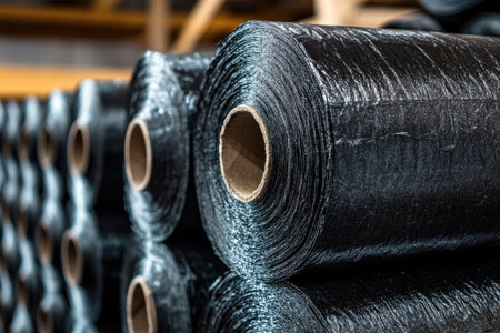 Close-up of stacked rolls of black nonwoven geotextile or agrotextile fabric in a warehouse, ready for distribution or useの素材