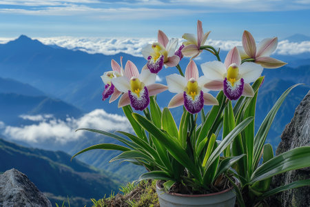 Potted orchids display their vibrant colors against a backdrop of majestic mountains and a cloudy skyの素材