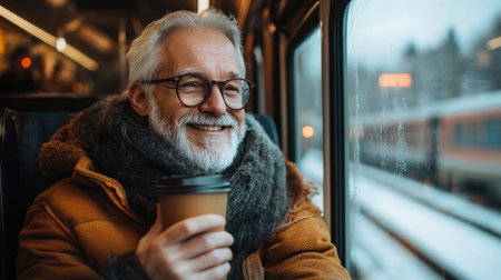 Happy elderly man with eyeglasses and winter clothes drinking coffee on a train journey during wintertimeの素材