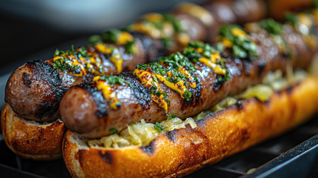 Delicious grilled sausages seasoned with mustard and sauerkraut, served on toasted bread, offering a savory culinary experienceの素材