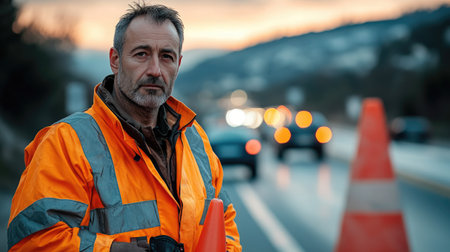 Road worker wearing reflective safety jacket holding traffic cone managing traffic flow on highway at sunsetの素材