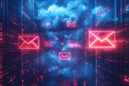Email marketing and cloud computing concept showing digital information transferring through cyberspaceの素材