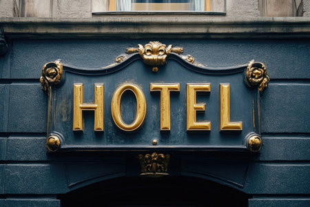 Golden hotel sign on a classic blue facade, indicating lodging and welcoming guestsの素材