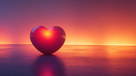 Red heart glowing at sunset, symbolizing love, affection, and romanceの素材