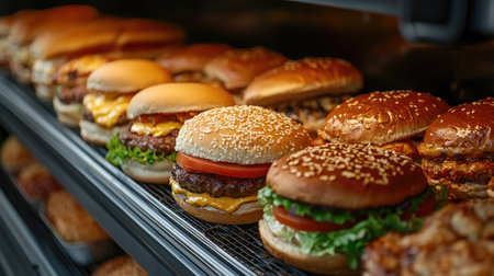 Freshly made burgers featuring beef patties, cheese, tomatoes, lettuce, pickles, and sesame seed buns are displayed in a refrigerated caseの素材