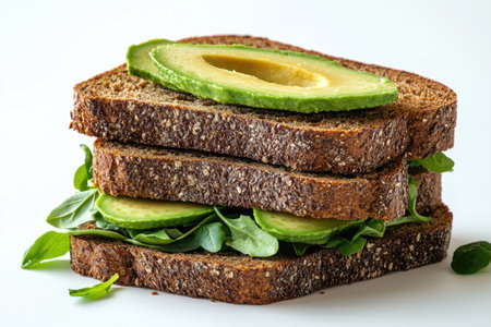 Slices of whole wheat bread creating a sandwich filled with fresh avocado and arugulaの素材
