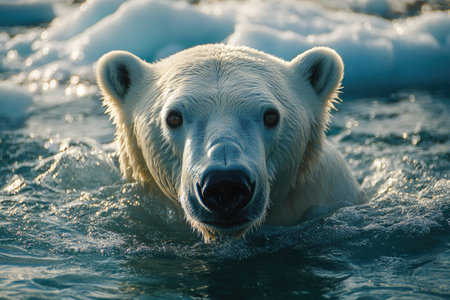 Polar bear swimming in freezing arctic waters among ice floes, showcasing wildlife resilience in a changing climateの素材
