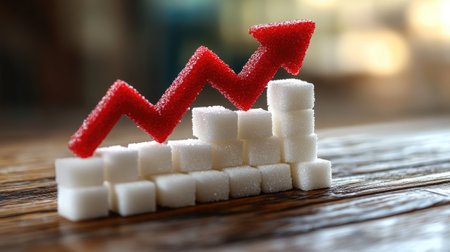 Red downward arrow hovering over decreasing stack of white sugar cubes, representing decreasing sugar consumptionの素材