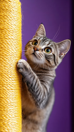 Playful tabby kitten sharpening its claws on a yellow scratching post, set against a vibrant purple backdropの素材