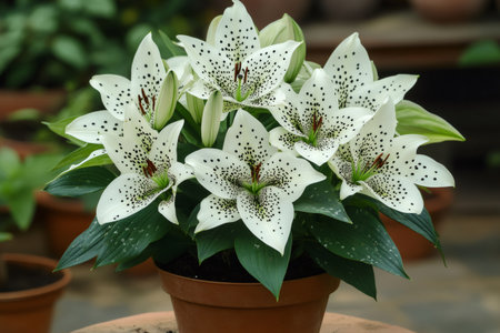 Cluster of white lilies with black spots growing in a terracotta potの素材