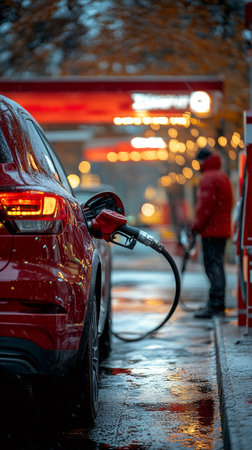 Red car refueling at a gas station on a rainy winter eveningの素材