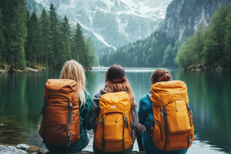 Three female backpackers are sitting by a mountain lake enjoying the viewの素材