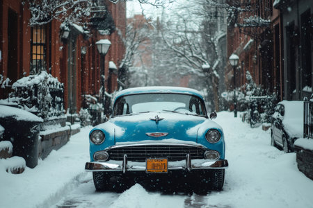Light blue vintage car covered in snow parked on a city street during a snowfall in winterの素材