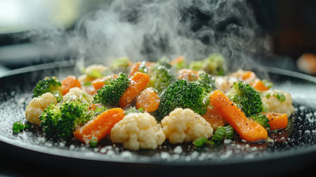 Freshly cooked mixed vegetables steaming in a pan, promoting healthy eating and a balanced dietの素材