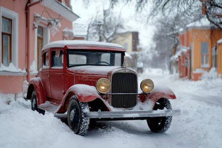 Red vintage car parked on a snowy street in a cozy neighborhood during winterの素材