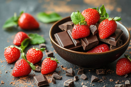 Delicious strawberries and chocolate chunks combined in a wooden bowl create a sweet and indulgent treatの素材