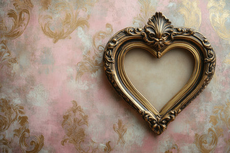 Empty golden baroque frame in the shape of a heart hanging on a pink and gold damask wallpaper, ideal for valentine's day or wedding projectsの素材