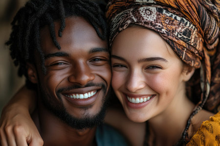 Interracial couple embracing and smiling, showcasing love, happiness, and diversityの素材