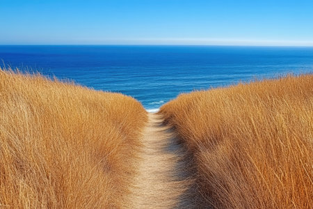 Scenic view of golden grass path leading to a beautiful blue ocean on a sunny day, creating a peaceful and inviting summer sceneの素材