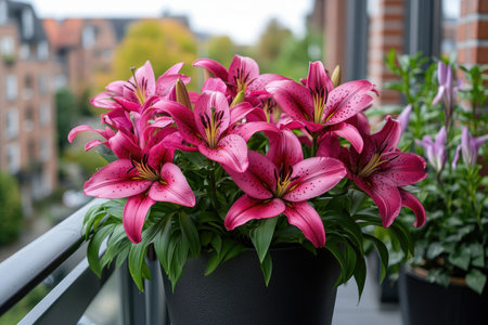 Pink asiatic lilies growing in a pot on a balcony, adding a touch of elegance and beautyの素材