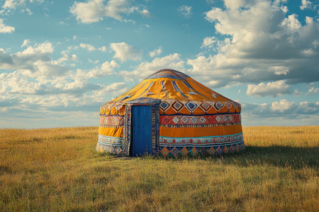 Colorful yurt standing in a field, representing nomadic lifestyle and Mongolian cultureの素材