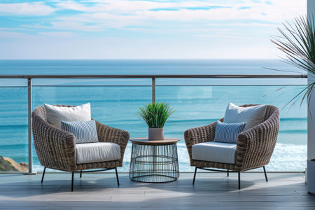 Enjoying breathtaking ocean views from a modern balcony with comfortable wicker armchairs, perfect for relaxation and coastal livingの素材