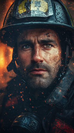 Brave firefighter confronts raging inferno, embodying courage and resilience in the face of dangerの素材