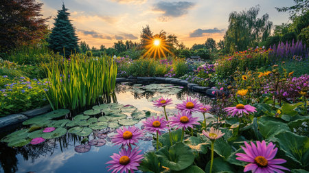 Stunning pink water lilies bloom in a tranquil pond garden, bathed in the golden light of a picturesque sunsetの素材