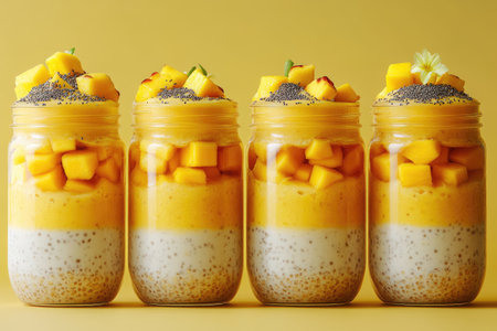 Three mango parfaits layered with oats, yogurt, and chia seeds, topped with fresh mango chunks and a delicate flower, create a vibrant and healthy dessert against a yellow backdropの素材