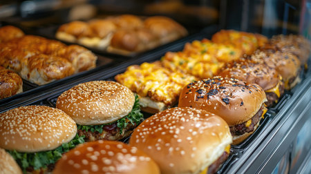Freshly made burgers and pastries sit in a display case, ready to be enjoyed by hungry customersの素材