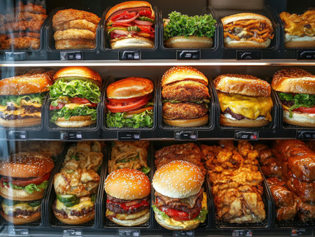 Close-up of various burgers and fried chicken displayed in a refrigerated case, offering a tempting selection of fast food optionsの素材