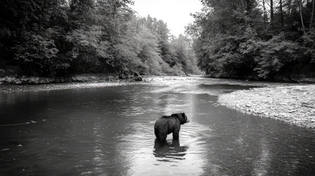 Brown bear standing in a river fishing, surrounded by forest, monochrome wildlife photographyの素材