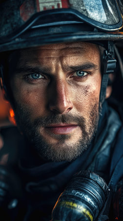 Close-up portrait of a determined firefighter wearing a helmet and protective gear, embodying courage and resilience in the face of dangerの素材