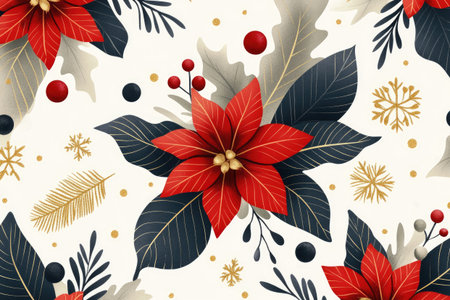Festive christmas seamless pattern with poinsettia flowers, leaves, berries and golden snowflakes over white backgroundの素材
