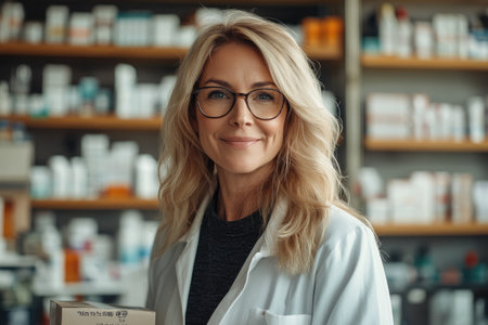 Portrait of a smiling pharmacist holding a medicine box, working in a pharmacy drugstoreの素材