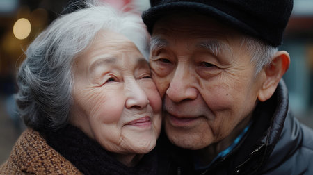 Close-up of an elderly Asian couple expressing love and companionshipの素材