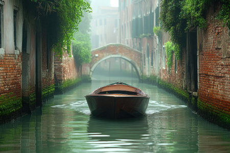 Classic wooden motorboat cruising down a narrow canal in Venice on a foggy morning, passing under a picturesque bridgeの素材