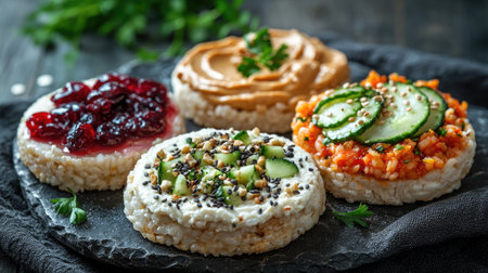 Puffed rice cakes with various savory and sweet toppings including hummus, cucumber, cream cheese, cranberry sauce, and tomato salsaの素材