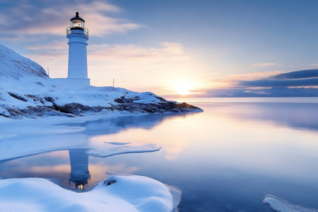 Scenic winter landscape featuring a majestic white lighthouse standing on a snow-covered shore, overlooking a tranquil frozen sea at sunriseの素材