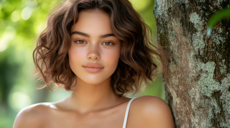 Beauty portrait of an attractive young woman with perfect skin enjoying nature in a parkの素材