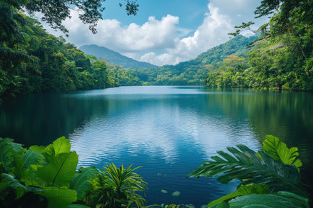 Lush rainforest surrounds a tranquil lake reflecting the sky and clouds, framed by vibrant palm treesの素材