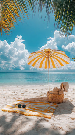 Beach umbrella, sunglasses and straw hat sitting on a towel next to clear ocean water, perfect vacation getawayの素材