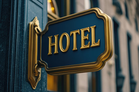 Golden hotel sign on a classic building facade, representing hospitality and comfortable lodgingの素材