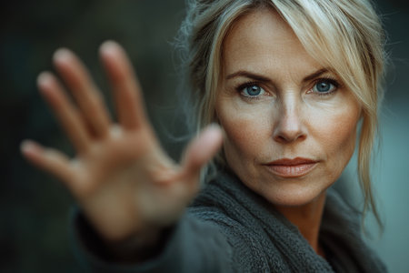 Portrait of a serious mature woman showing stop gesture with her hand on a dark backgroundの素材